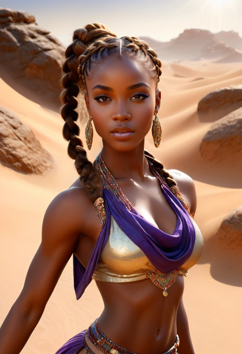 Beautiful young African woman with arms outstretched towards the sky, desert princess, Incredibly beautiful, Hall々And, tolerance, Muscular, Six Pack Abs, Hair braided in a flowing ponytail, Revealing and elegant clothing, Loose stole, Ornate Gemstones, looking at the camera, Sandy landscape, Fantasy, ether, dream-like, Dramatic lighting, Vibrant colors, Exquisite detail, (Highest quality, 4K, 8K, High resolution, masterpiece:1.2), Super detailed, (Realistic, photoRealistic, photoRealistic:1.37), Vibrant colors, High resolution, Studio Lighting, Physically Based Rendering, Concept Art,sandstone