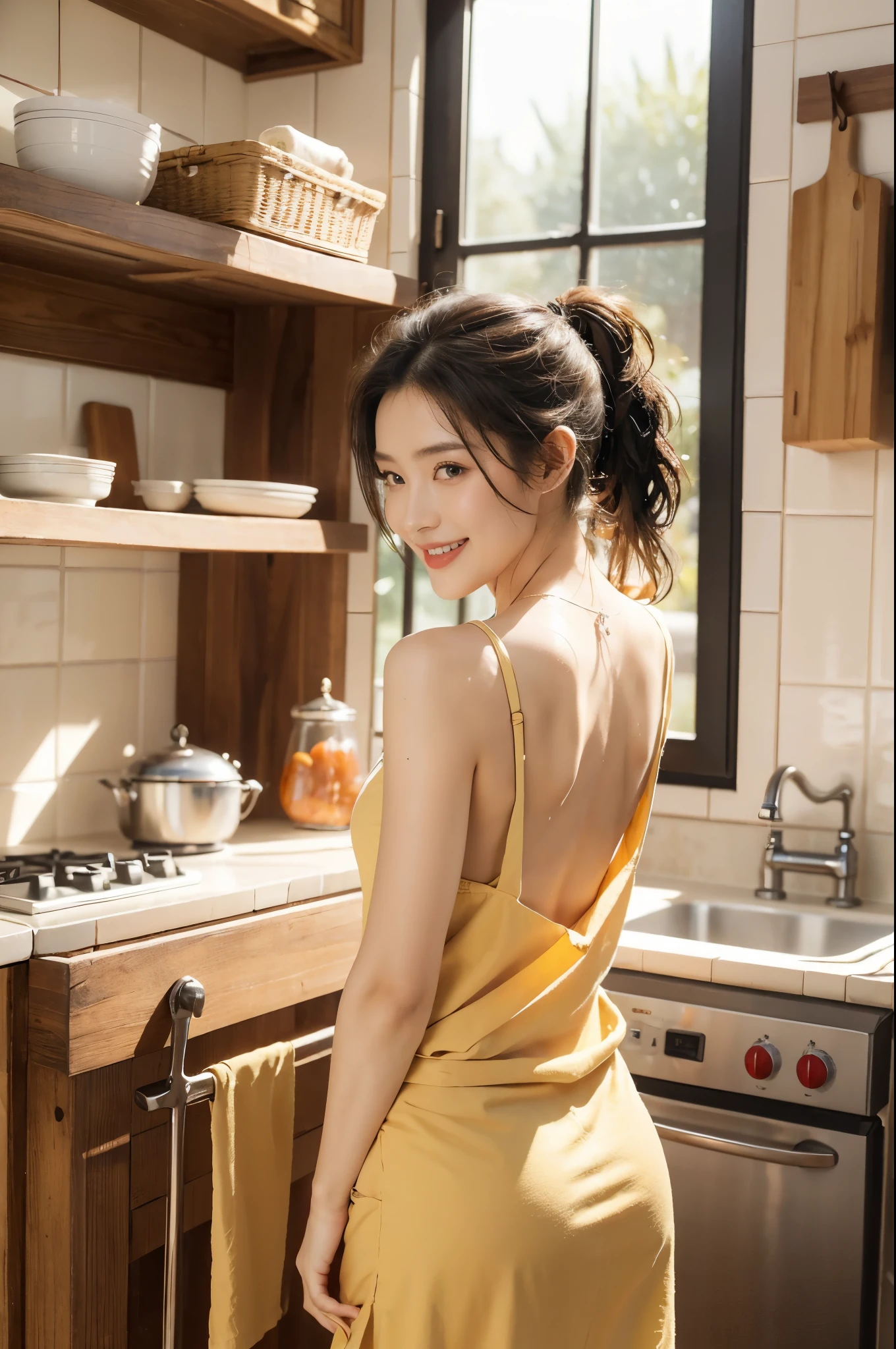 (((best quality))),(((ultra detailed))),(((masterpiece))),illustration,((1 beautiful young girl,solo)),((slim,thin)),((bare back,towering hips,butt crack)),(short ponytail:1.2),(laughing:1.2),stunning, radiant complexion, mesmerizing eyes,((sheer apron,bare arms,bare shoulder)),frilly, domesticity, playfulness, colorful patches, vegetables, cooking utensils, whimsical,delicate features, gentle smile, perfectly aligned teeth, contentment, warmth, friendliness, vibrant atmosphere, bustling,barbecue restaurant, wooden panels, hanging plants, cozy, earthy feel, scent of sizzling meats, spices, patrons, tables, meals, laughter, lively ambiance, gleaming wooden counter, checkout counter, assortment of bills, receipts, cash register, calm, collected, typing, precision, simplicity, joy, hard work, hospitality, culinary delights,((from back,upper body))