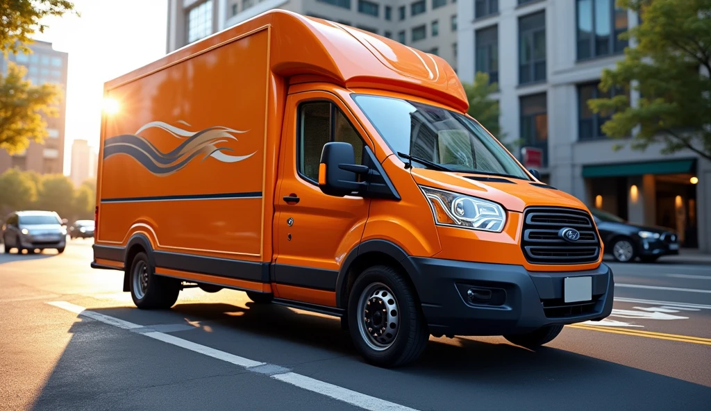 make an image of an orange delivery van with white and dark blue stripes make it realistic and of an image size for notebook background