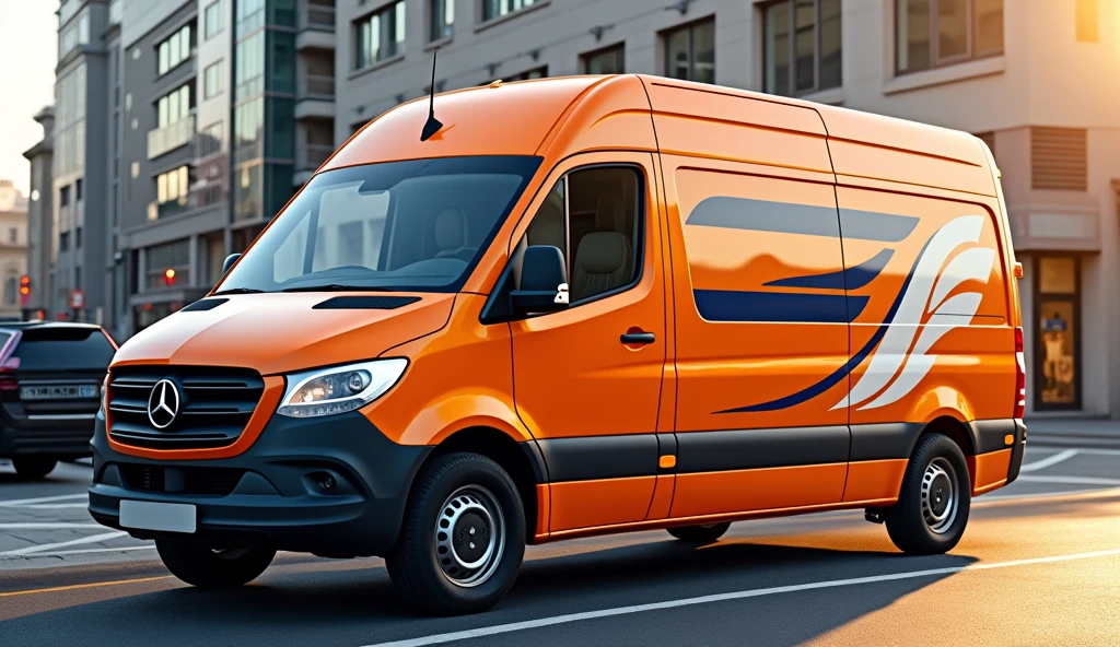 make an image of an orange delivery van with white and dark blue stripes make it realistic and of an image size for notebook background