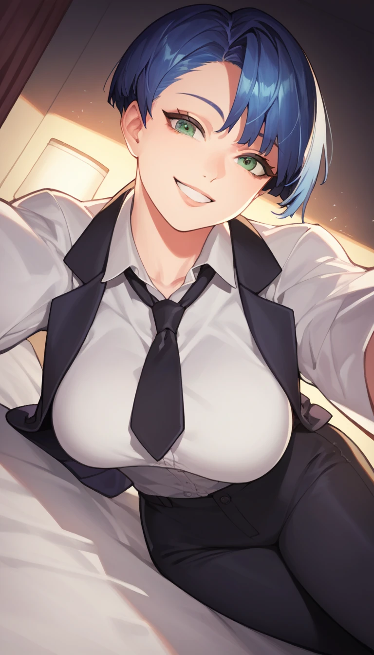 score_9, score_8_up, score_7_up, source_anime, best quality, amazing quality, very aesthetic, 1girl, green eyes, room, wariza, short dark blue hair, korean pixie cut, smile face, portrait, blazer, starshadowmagician, solo, Adult woman, best perfect anatomy, thin, curvy body, medium breasts, curvy body, close up shot on person, a woman showing happy, (lying down, hand between her legs), accidentally selfie, mature woman laying prone on bed, white shirt, black tie, format black vest, Long-sleeved shirt, black trousers, dynamic angle. no light source, dark background, night days, dark hotel bedroom background, 