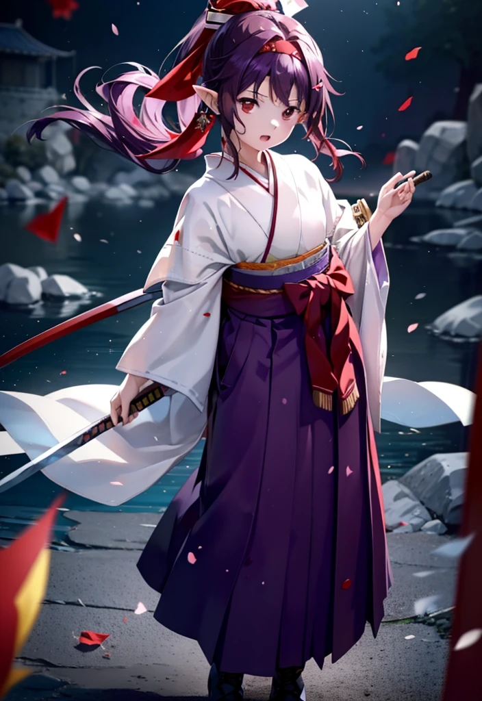 yuukikonno, Yuki Konno, hair band, Long Hair, Pointed Ears,ponytail, Purple Hair, (Red eyes:1.5), (Small breasts:1.2), Open your mouth,Purple Kimono,Red Hakama,boots,Hold the handle of the sword with one hand,Sword Drawing Technique,whole bodyがイラストに入るように,
break looking at viewer, whole body,
break outdoors, Medieval European streets,
break (masterpiece:1.2), Highest quality, High resolution, unity 8k wallpaper, (shape:0.8), (Narrow and beautiful eyes:1.6), Highly detailed face, Perfect lighting, Highly detailed CG, (Perfect hands, Perfect Anatomy),