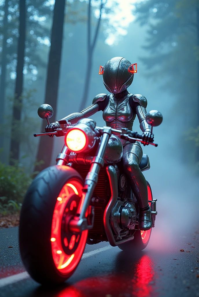 Beautiful goddess aphrodith rider wearing full gear, looking down ahead as you speed along a bright foggy forest road, an athletic Aprodith, puppet armor. The dress has a futuristic spectrum neon effect., holding a large futuristic wing cannon and emitting,puppet magic. hyper-realistic.
,futuristic bright chrome motorcycle futuristic flat red bluish detail Phycodurus eques with unique geometric frame design and big tires,