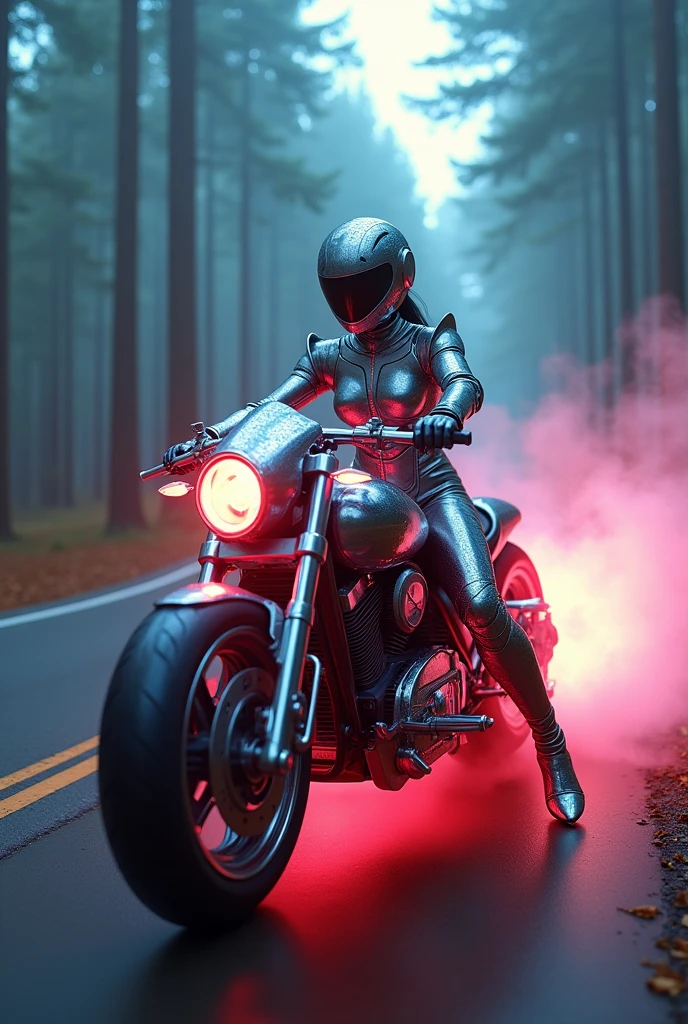 Beautiful goddess aphrodith rider wearing full gear, looking down ahead as you speed along a bright foggy forest road, an athletic Aprodith, puppet armor. The dress has a futuristic spectrum neon effect., holding a large futuristic wing cannon and emitting,puppet magic. hyper-realistic.
,futuristic bright chrome motorcycle futuristic flat red bluish detail Phycodurus eques with unique geometric frame design and big tires,