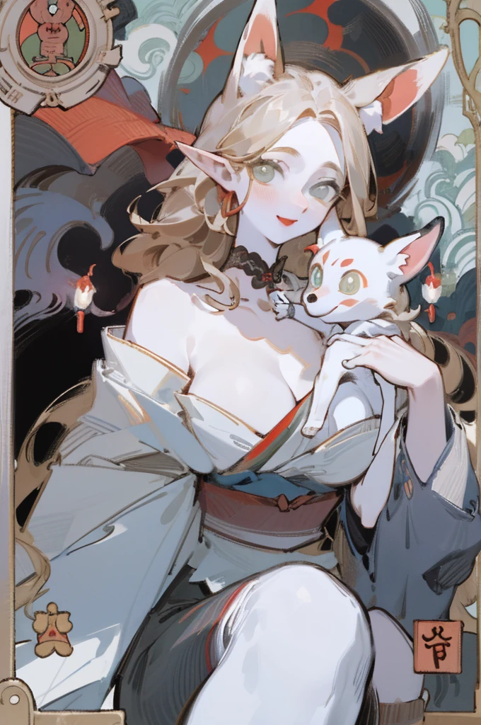 (((tarot card))) White skin, (Fox ears), looking at viewer, doe eyes, Exquisite eyes,Red Eyeshadow, Red lips,cute laugh, Ukiyo-e, masterpiece, high quality, at the lowest limit, Tiny,White boots,Huge breasts,Bare shoulders,,Lace,Lace stockings,Lace skirt