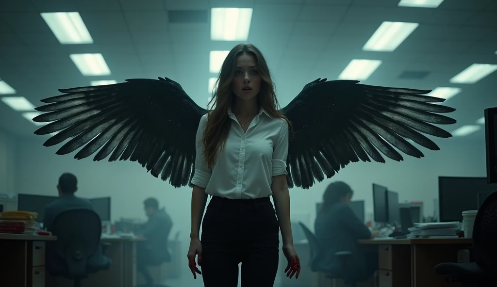 A woman struggling with blood on her hands and a wings that have a color of black in the left and white in the right. And with the outfit of a black sclacks and with office shirt. She was shock of what happened that she needs to hide