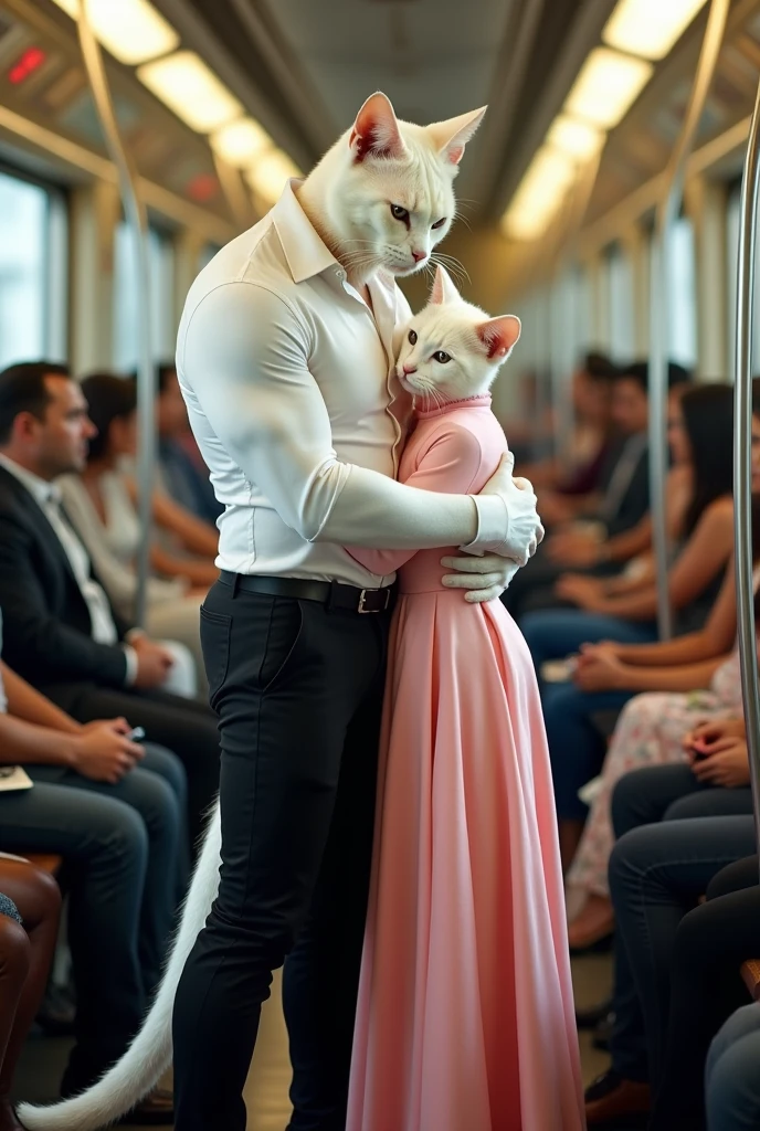 A white  tall muscular cat dressed in white shirt and black pant hugs a white weeping cat dressed in pink full length Maxie in train  full of passengers
