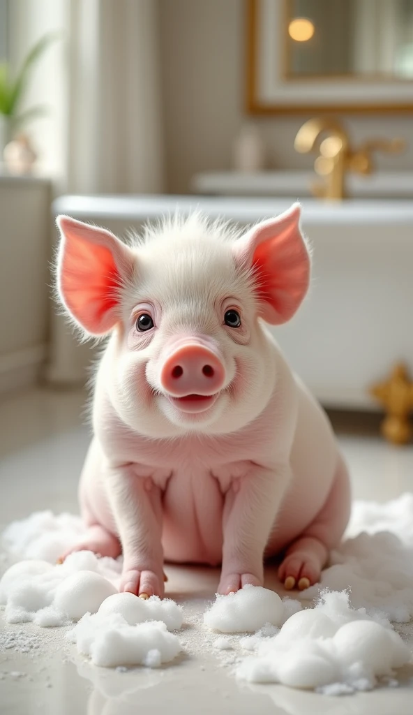 A cute and real pig, sit on the floor，With a big belly like a big balloon，Big bright eyes, Fluffy, Delicate and exquisite, Real version of pig，Play with real white foam in the bathroom，Pure white high-end bathroom background，Character front position，9:16 frames，Ultra-high-definition picture quality