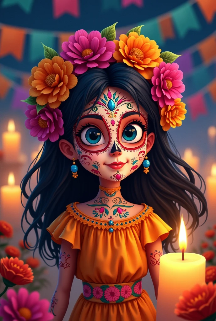 Animated girl with Mexican dead style decoration 
