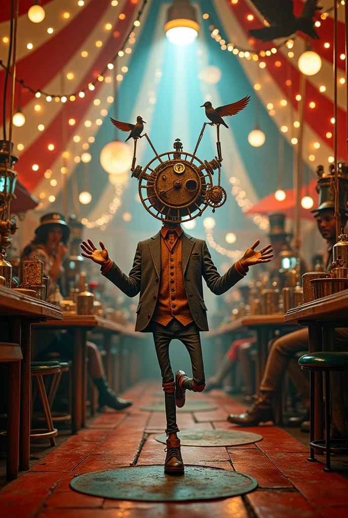 A sideshow of surreal, mechanical wonders—floating gears, steam-driven automata, and 1960s-inspired curiosities