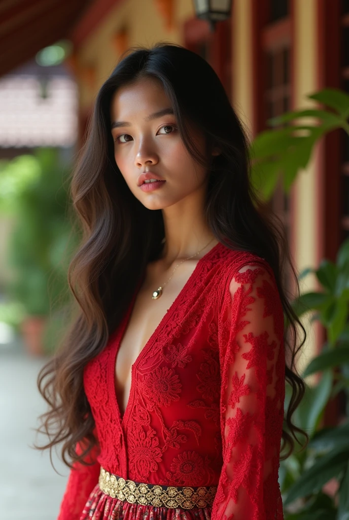 1 Indonesian-Dutch girl, 20 years old, long fashion hair, fit body, small cleavage, skintight red lace kebaya transparan, batik skirt, masterpiece, highly detailed, ultra hd, 8k, detailed face, bright eyes, perfect eyes, detailed skin texture, detailed lips, sexy lips, perfect hands, dynamic angle, cowboy shot, NSFW nudity