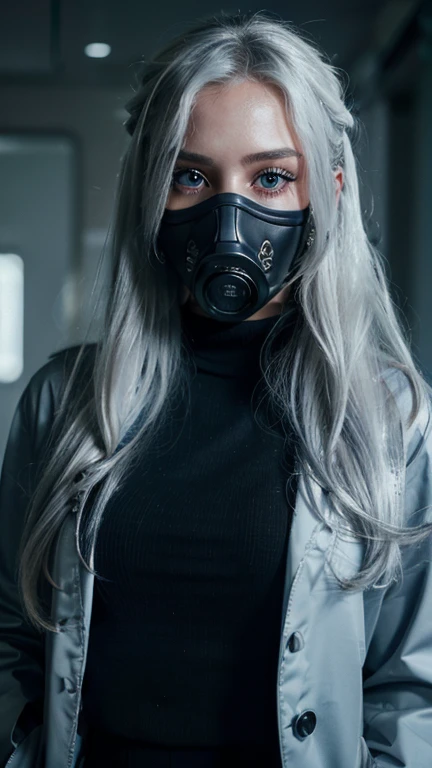 A beautiful girl with long white hair and piercing blue eyes, wearing a black turtleneck and a crisp white lab coat, a dark gas mask covering her face, standing in a dimly lit hospital corridor, (best quality,4k,8k,highres,masterpiece:1.2),ultra-detailed,(realistic,photorealistic,photo-realistic:1.37),extremely detailed face and eyes, detailed facial features, beautiful detailed eyes,beautiful detailed lips,extremely detailed eyes and face,longeyelashes,female,lab coat,turtleneck,gas mask,hospital,dark lighting,dramatic lighting,moody,cinematic,muted colors,blue tones,white hair,blue eyes