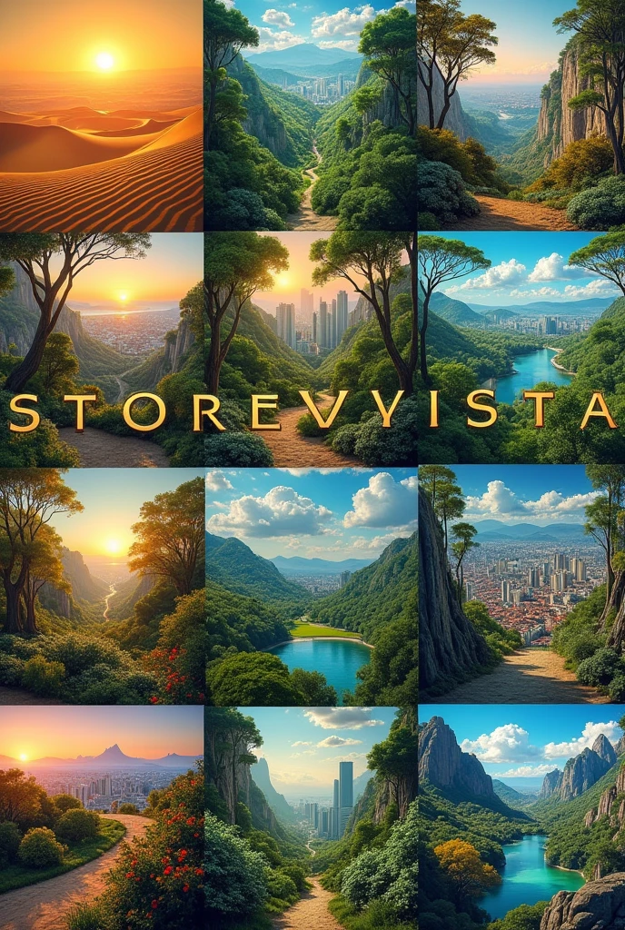 Generate an image of different world's geographic lands example desert forest buildings include 12 square shape each one has different location and write this word in middle center "Storevista"