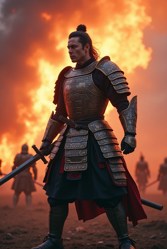 ((male samurai)),Elon Musk, battlefield,dynamic pose,upper body portrait.、long sword,armor,burning sky,crazy details,intricate details,High resolution,8k,((anatomically correct))