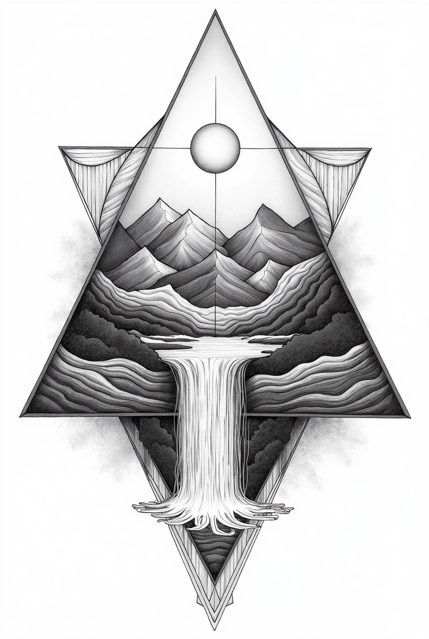 The image is a black and white drawing of a geometric design that includes a sun, moon, mountains, waves, and a waterfall. The elements are arranged in a triangular pattern.
The image may be called something like "Geometric Nature," "Elements of Nature," or "Triangle Nature."