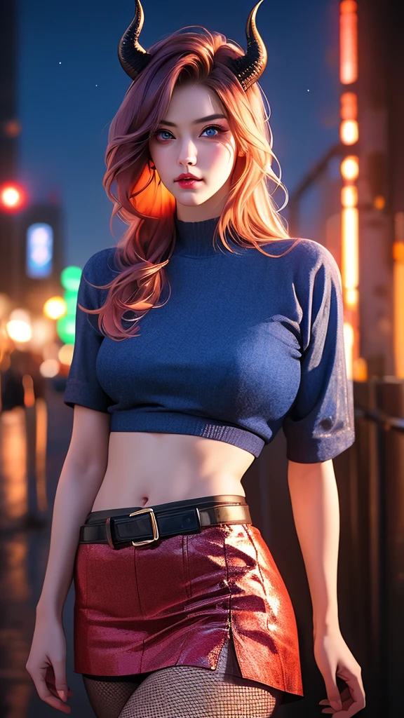 a beautiful girl with blue police uniform, short blue police shirt-top, blue police mini-skirt, fishnet stockings, demon horns, red hair, exposed midriff, belly button, belt, jewelry, glamorous makeup, stunning eyes, large breasts, covered nipples, night city background, posing, cinematic lighting, (best quality,4k,8k,highres,masterpiece:1.2),ultra-detailed,(realistic,photorealistic,photo-realistic:1.37),beautiful detailed eyes,beautiful detailed lips,extremely detailed eyes and face,longeyelashes,dark fantasy,sci-fi,neon lights
