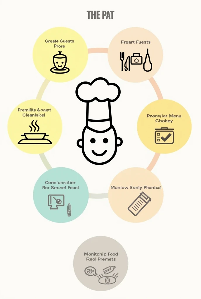Graphic Organizer: Duties & Responsibilities of a Food Attendant
Design Concept:
Shape: Use a central "chef hat" icon for the main theme.
Layout: Surround the central icon with 5 equally spaced bubbles or circles.
Central Icon:
Chef Hat: Represents the food attendant role.
Duties (arranged around the chef hat):
Greet Guests: Use a friendly face icon.
Serve Food: Depict with a plate and cutlery.
Prepare Orders: Show with a cooking pot.
Maintain Cleanliness: Illustrate with a broom and dustpan.
Handle Transactions: Use a cash register icon.
Responsibilities (arranged in a different color around the central chef hat):
Follow Safety Protocols: Represent with a safety shield.
Communicate Effectively: Use a speech bubble icon.
Assist with Menu Choices: Depict with a menu.
Monitor Food Quality: Show with a checkmark on food.
Manage Supplies: Illustrate with a clipboard and pencil.
Art Style:
Use simple, clear clip art icons with minimal details.
Employ a cohesive color scheme to differentiate duties and responsibilities.
Ensure all icons are easily recognizable and straightforward to draw.
Instructions:
Draw the Central Chef Hat: Place it in the center of your page.
Around the Hat: Position the 5 duty icons in a circular pattern.
In Another Circle: Position the 5 responsibility icons in a different circular pattern.
Label each bubble or circle clearly with the corresponding duty or responsibility.
This setup will create a visually appealing, easy-to-draw organizer that clearly separates and presents the information