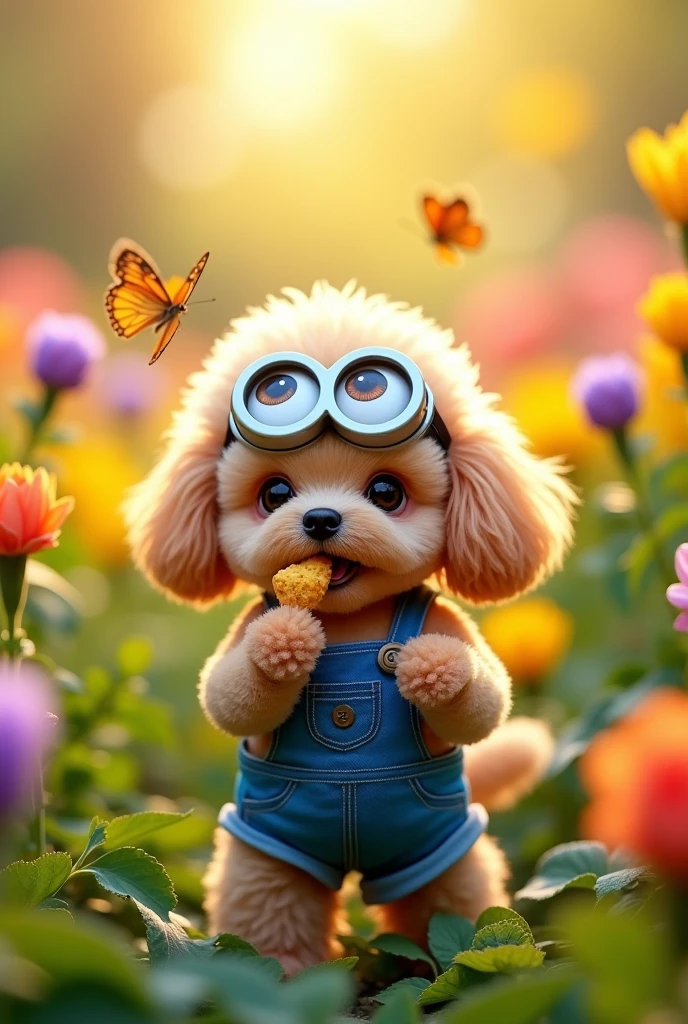 A toy poodle dressed as a Minion is eating a snack in a flower field