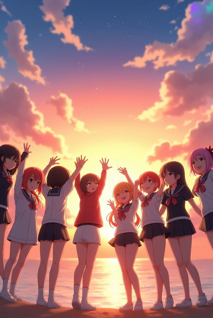 ((Very detailed (12 cute and squishy girls:1.37) White Enoshima Beach at dusk)), (Masterpiece 8K Top Quality) (Professional Photo:1.37), {(Standing full body:1.2)|(From below:1.2)}, Different types of hair colors, {tight(skinny(School Swimsuit))[I can see your butt from your thighs]|school uniform[With leather strap]}, {Delicate hands like a baby|Hidden Hand|Armpit Peek|Body pillow|Mr.々なタイプのMr.々Breasts of a certain size|(The shape of your butt is clearly visible)|skinnyバット}, Realistic expression of joy, Perfect lighting, A dazzling rainbow-colored horizon, (Iridescent particles:1.32) Starry sky