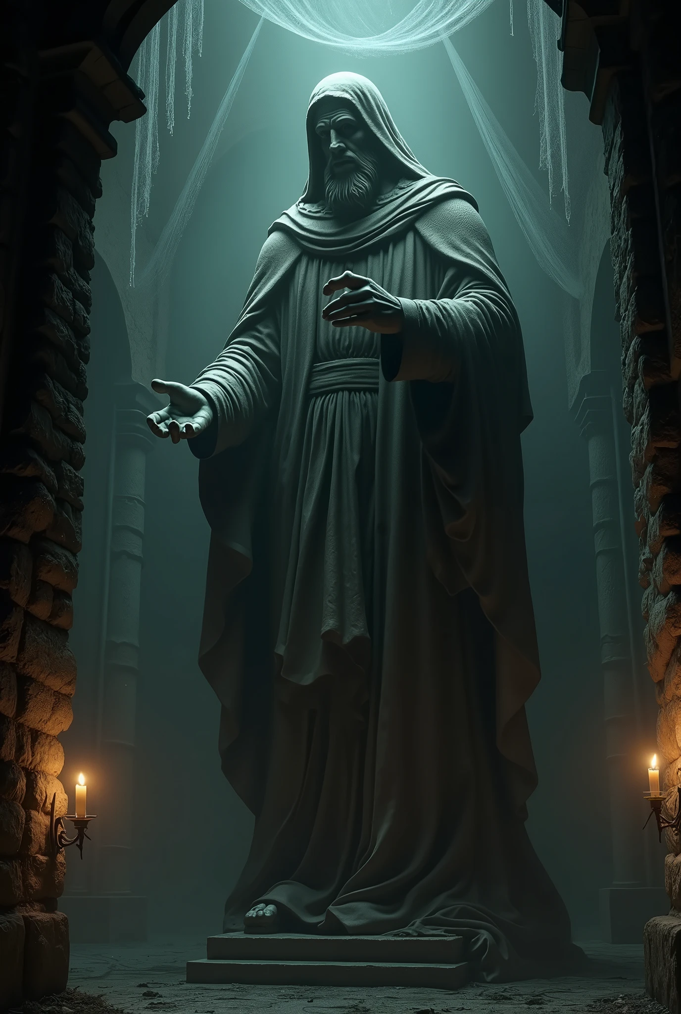 statue of a Renaissance saint, dark atmosphere, horror game