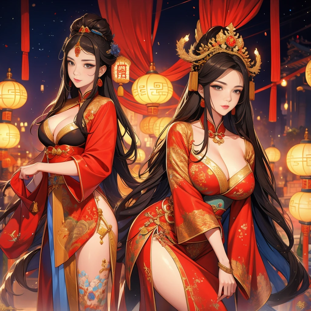 A 30-year-old beautiful queen wears a jeweled crown and is dressed in ancient Chinese Han attire with her exposed and her whole body standing with a kind expression. She has long legs and black hair in ancient China.