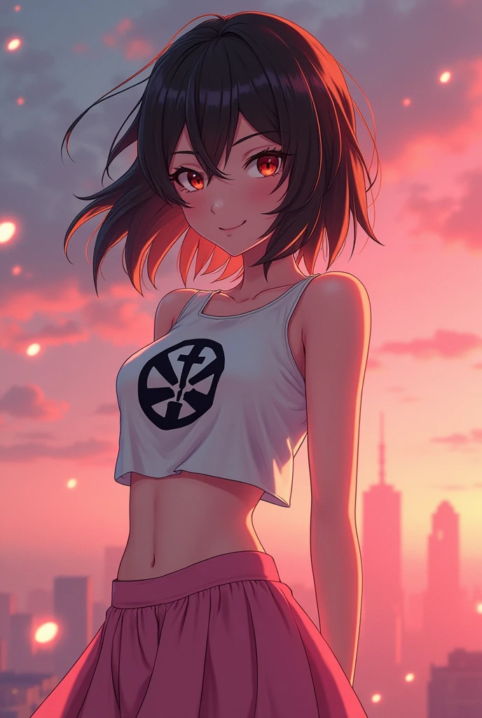 {{{masterpiece}}}, {{detailed}}, {detailed background}, {Best quality}, high quality, a high resolution, 4K, lights, glare, {detailed eyes}, Motoko Kusanaga, tousled brown shoulder length hair, heterochromia red-gray, White crop top with black symbols and pink skirt, happy, Purchase, Full Body Beautiful Woman Anime Style, clean detailed faces, sophisticated clothes, analogous colors, glowing shadows, beautiful gradient, depth of field, clean image, high quality, high detail, a high resolution, Luminous Studio Graphics Engine, cute face, thin waist, beautiful hips,