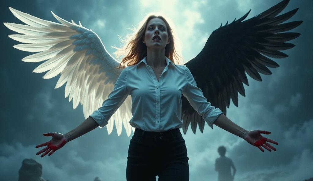 A woman struggling with blood on her hands and a wings that have a color of black in the left and white in the right. And with the outfit of a black sclacks and with office shirt. She was shock of what happened that she needs to hide
Make it a book cover and more majestic not realistic picture