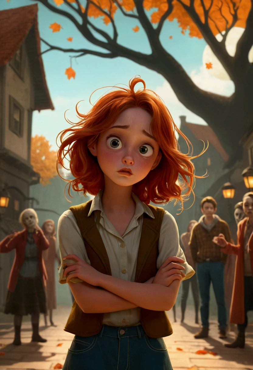 Jooli thinking, with images of scary stories and a thoughtful expression.