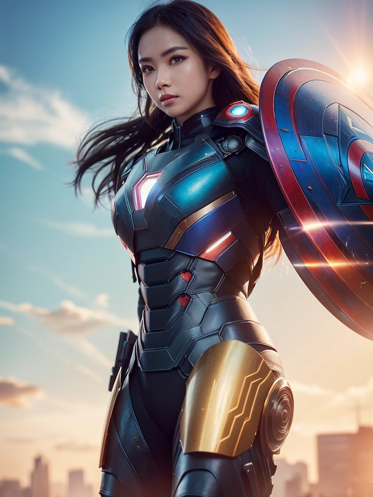Armor Warriors, Bustling city, (Inspired by the Avengers), Armor Suit, sit down, (8k, RAW Photos, Realistic: 1, 25), (Lots of lip gloss, Lots of eyelashes, Better Quality, Ultra-high resolution, Depth of written boundary, chromatic aberration, Wide Light, Colnatural, Vision (1:2)