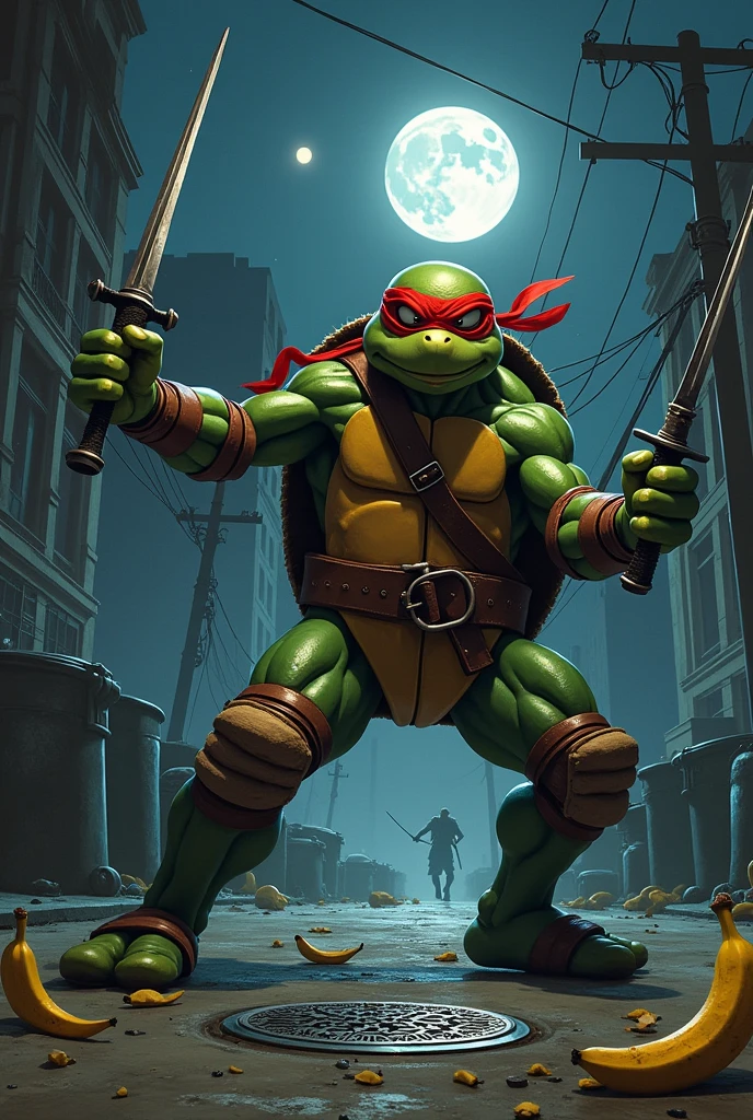 Нарисуй персонажа к игре из 90-х, ninja turtle with a red blindfold, He wields dual sais and fights his opponent on a gangster street. There are trash bins around them., banana peels, On the left you can see a manhole cover, It's dark outside, the moon and stars are visible in the sky.
