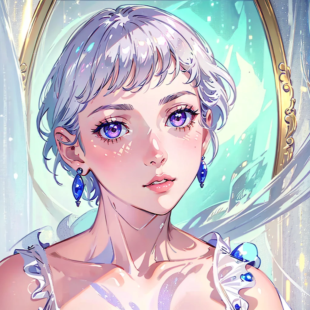 close-up shot of 1girl, light pink short hair, silver eyes, glossy lips, sapphire earrings, iper-realistic, masterpiece, cinematic lighting, best quality, anatomically perfect.