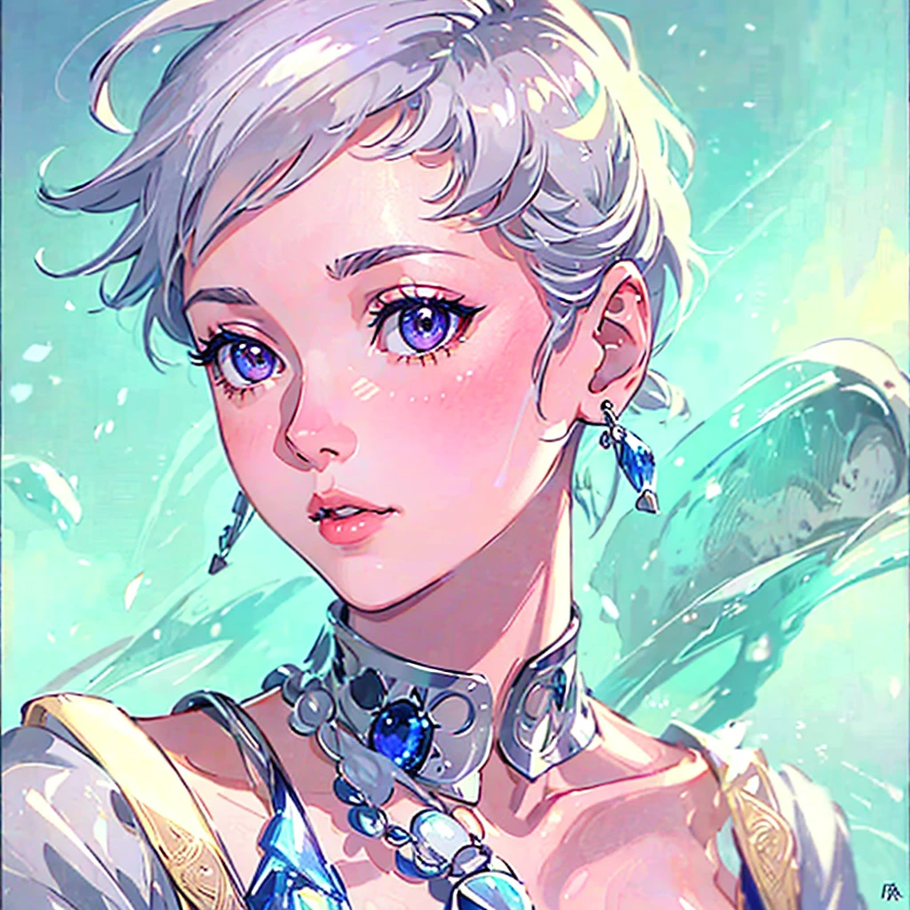 close-up shot of 1girl, light pink short hair, silver eyes, glossy lips, sapphire earrings, iper-realistic, masterpiece, cinematic lighting, best quality, anatomically perfect.