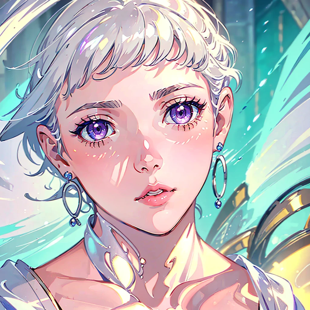close-up shot of 1girl, light pink short hair, silver eyes, glossy lips, sapphire earrings, iper-realistic, masterpiece, cinematic lighting, best quality, anatomically perfect.
