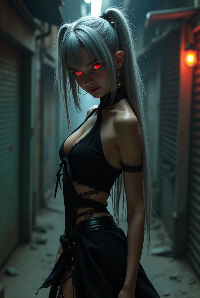 girl、red、Gray Hair、sexy、Expose、anger、sex appeal，energy、aura(1人のgirl, alone, alone, Gray Hair, redい目, hair ornaments, Long hair up、((alone, (1 Female, Very detailed, Soft indirect lighting, 4K, Perfect Eyes, Perfect Face, Perfect lighting, a 1 person)), ((Black Dress, night, )In combat、Fight、anger、smile、garter belt、Shabby、live-action、Real、Scary、Abdominal muscles、Tattered