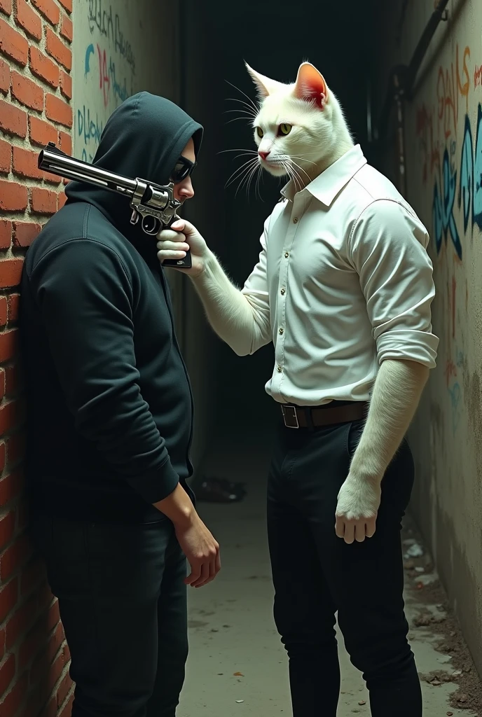 A white tall muscular cat dressed in white shirt and black pant puts gun on the head of a robber