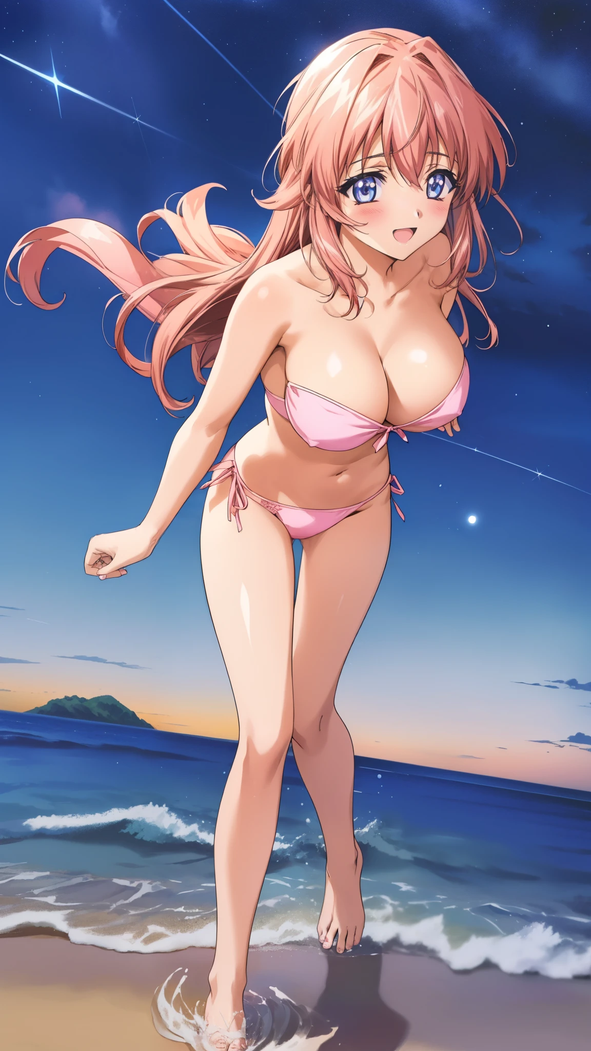 Anime illustration Aoikan, 1 person, Pink bandeau bikini, Big Breasts、 blush, Cute Smile Open your mouth, Are standing, (She walked along the starry beach at night, touched the water with bare feet, and came closest to that smile), barefoot, Two Arms, (cinematic angle:1.1),