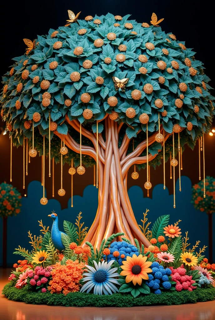 Prompt

A beautifully decorated stage backdrop with the name 'RISHABH THAKUR' in elegant, flowing script. The background is a deep, rich blue with warm yellow and orange lighting accents. The backdrop fea- tures a large, intricately designed tree with gold and blue leaves, creating a magad enchanting atmosphere ere are golden raindrop-like lights hanging from above, and colorful butterflies and peacocks adorning the scene. The lower part of the backdrop is decorated with vibrant flowers and foliage in shades of green, blue, orange, and yellow, giving a festive and nature-inspired feel."