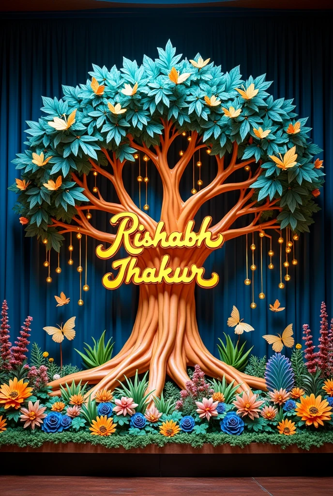 Prompt
A beautifully decorated stage backdrop with the name 'RISHABH THAKUR' in elegant, flowing script. The background is a deep, rich blue with warm yellow and orange lighting accents. The backdrop fea- tures a large, intricately designed tree with gold and blue leaves, creating a magad enchanting atmosphere ere are golden raindrop-like lights hanging from above, and colorful butterflies and peacocks adorning the scene. The lower part of the backdrop is decorated with vibrant flowers and foliage in shades of green, blue, orange, and yellow, giving a festive and nature-inspired feel."