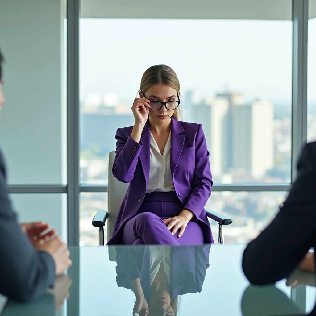 A woman wearing a purple business suit and glasses is sitting alone in a large conference room, facing forward as if she is in a job interview. She has her legs crossed and is looking down on the interviewer with an air of indifference and disinterest.