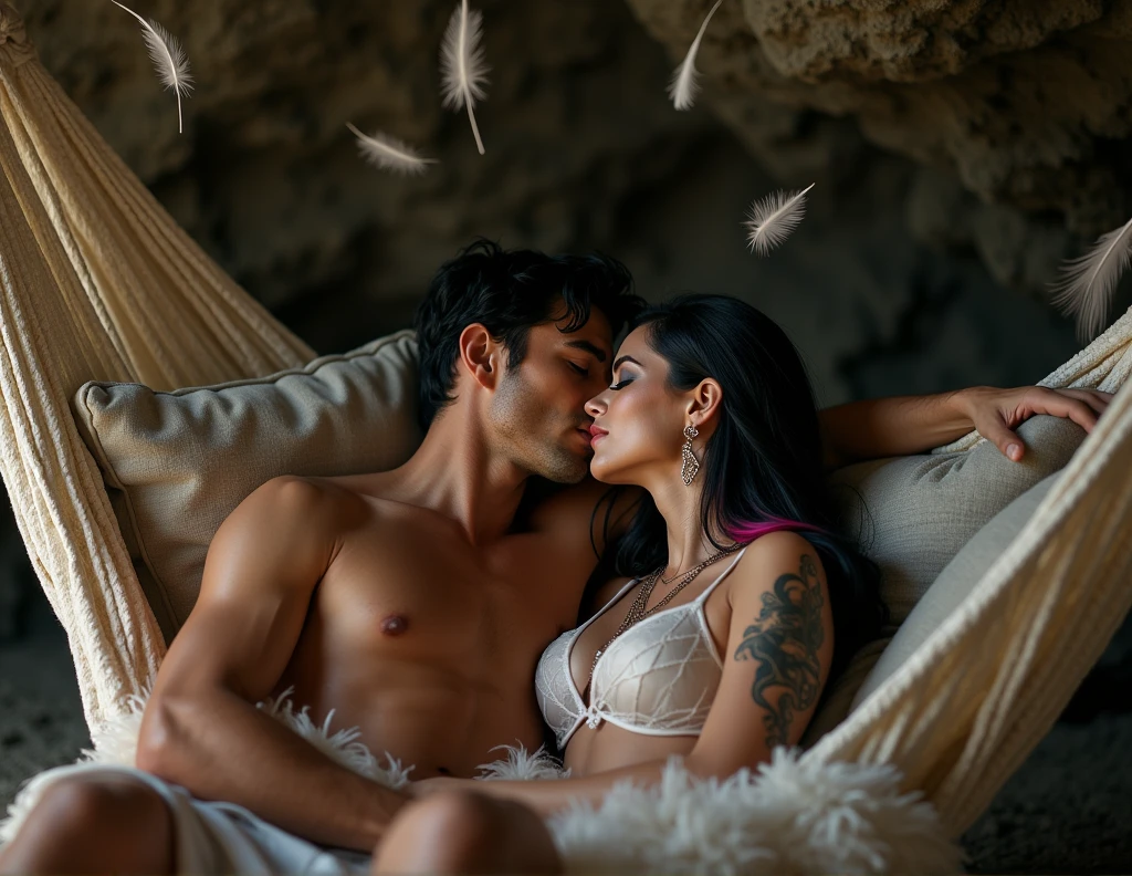 Long shot full view of a liberal naked couple sitting in a hammock with comfortable cushions kissing inside a cave with falling feathers, hombre desnudo con musculatura cabello negro humedecido ojos grises seductive look labios carnosos earrings piercing tatuado besando en abrazo a mujer desnuda, delicate woman, model face,diamond shape, grey-blue eyes, black shadow, seductive look, long black hair with pink and white highlights, SEPTUM,earrings, tattooed the two nudes without clothes making love