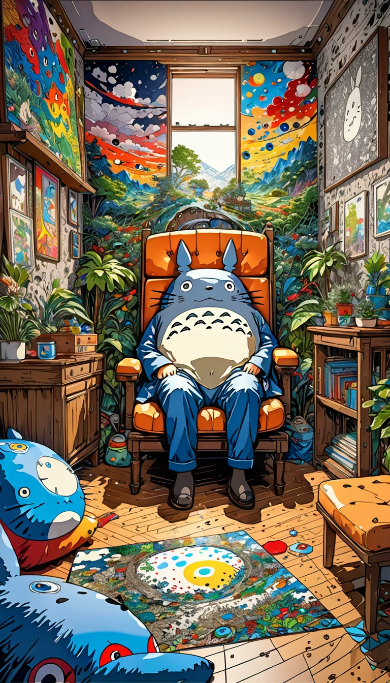 Takashi Murakami Style,(((Totoro))),(((Dozing off while sitting on a chair))), 8K Quality,Intense watercolor, Detailed watercolor art, Watercolor splash, Surreal, avant-garde pop art, Beautiful and expressive paintings, Beautiful artwork illustration, Very colorful tones, wonderful, Cool beauty, highest quality,Official Art, Vector art, Stylish design, ((Totoro)),(((dozing off1.9))), (((den1.9))),in the room, (((highest quality))), HDR, ((detailed)), (((Doodle Art)), ((masterpiece)), ((Super detailed)), (((Stylish))),
