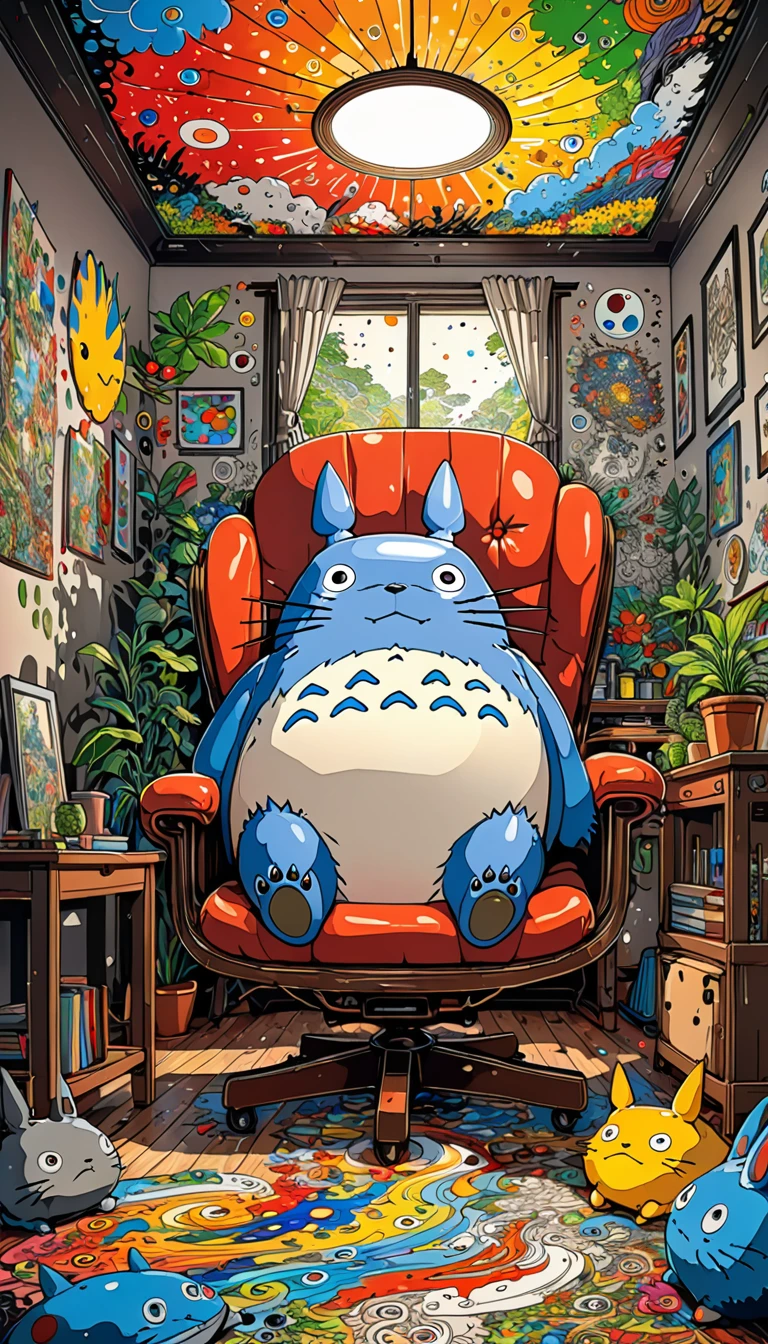 Takashi Murakami Style,(((Totoro))),(((Dozing off while sitting on a chair))), 8K Quality,Intense watercolor, Detailed watercolor art, Watercolor splash, Surreal, avant-garde pop art, Beautiful and expressive paintings, Beautiful artwork illustration, Very colorful tones, wonderful, Cool beauty, highest quality,Official Art, Vector art, Stylish design, ((Totoro)),(((dozing off1.9))), (((den1.9))),in the room, (((highest quality))), HDR, ((detailed)), (((Doodle Art)), ((masterpiece)), ((Super detailed)), (((Stylish))),