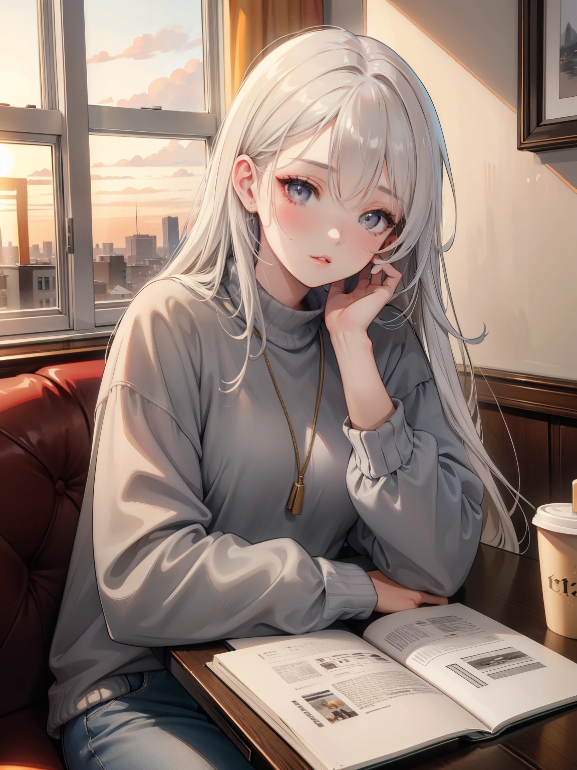 A girl with striking grey eyes, long grey hair, sleeping at the table, cozy clothes, coffee, sunset through the window, ordinary apartment, (best quality,4k,8k,highres,masterpiece:1.2),ultra-detailed,beautiful detailed eyes,beautiful detailed lips,extremely detailed eyes and face,longeyelashes,beautiful girl,elegant,serene,tranquil,soft lighting,warm tones,golden hour,cozy interior,realism,slim girl