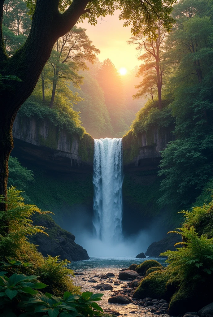 A twilight in the middle of a forest and water fall