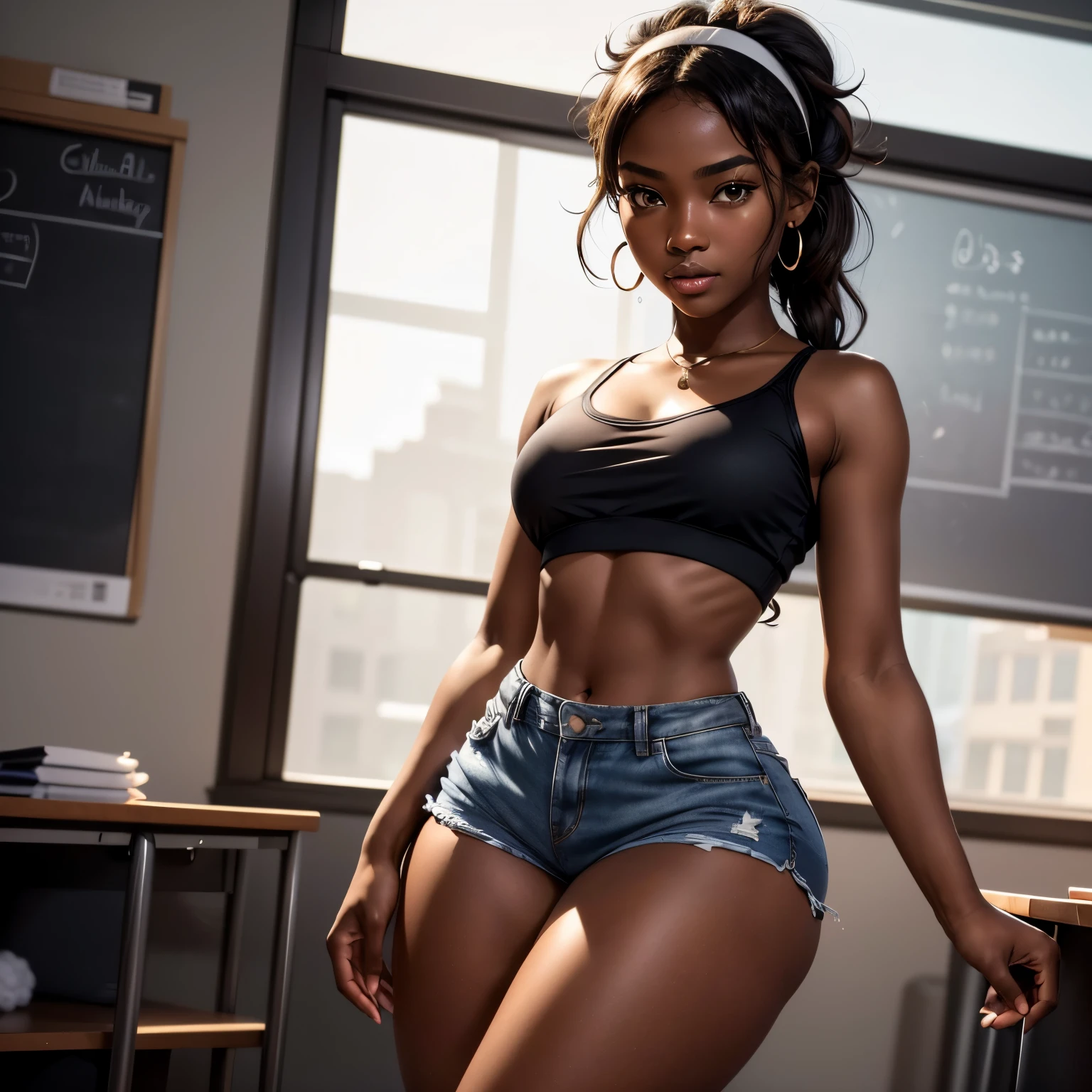 Masterpiece, high quality, high resolution, volumetric lighting, subsurface scattering, 8k, Beautiful woman, (dark skin), phillipino, college student, uniform, (round-butt), (large breasts), (tight-blouse), (cotton-shorts:1.2), wavy hair, headband, hoope earings, classroom, sexy pose, seductive pose, thick thighs