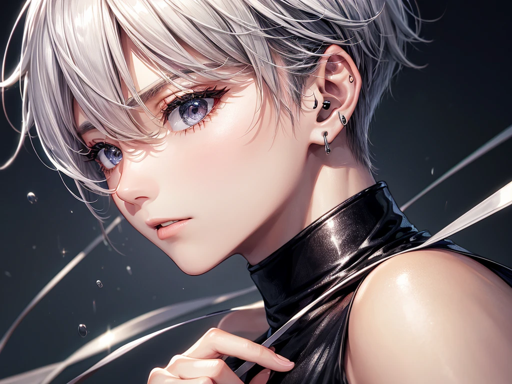 A man with short silver hair and slanted eyes sings、Black Shirt、headphone、Earrings、