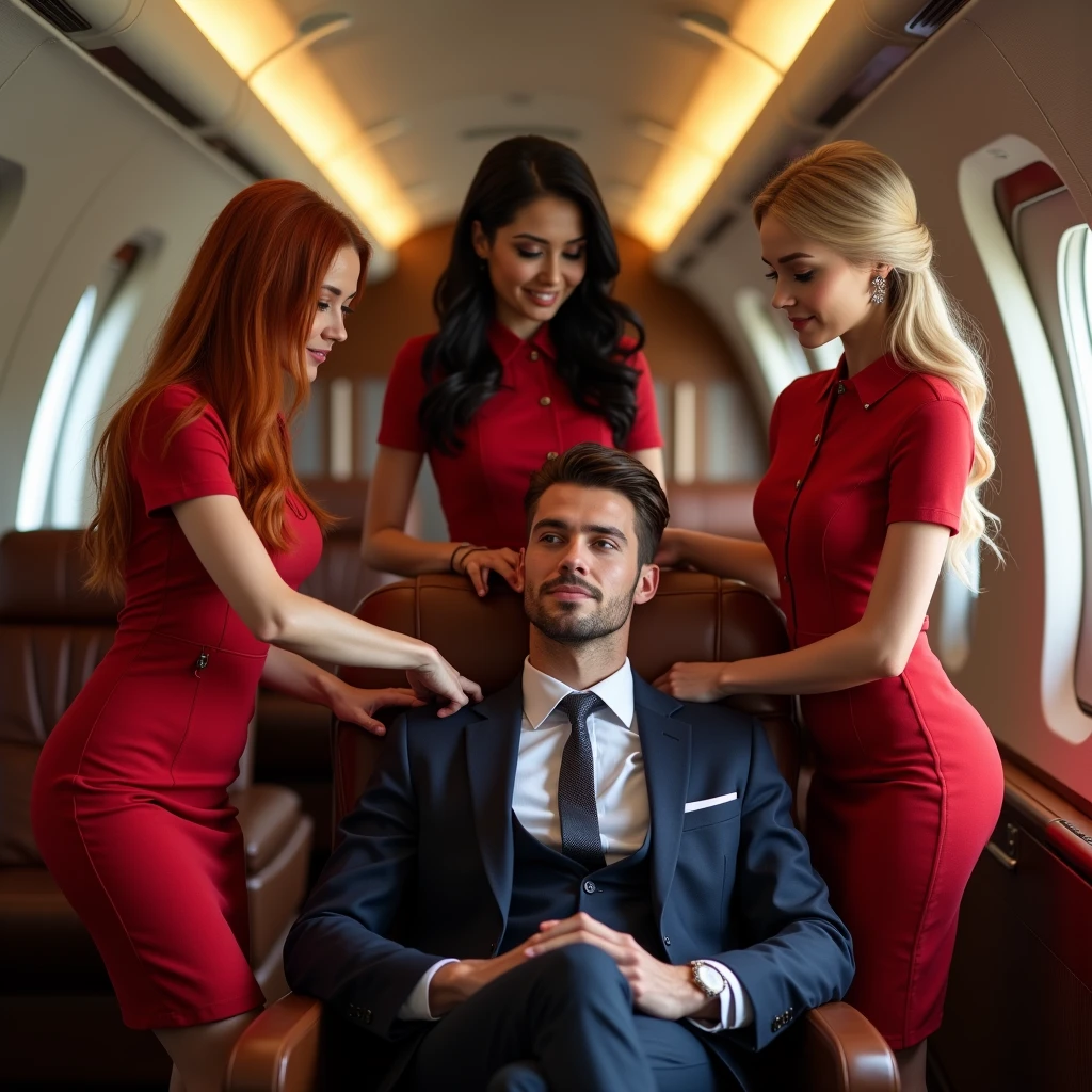 ultra realistic, photography, three girls: one with long straight red hair, (24 years old, hourglass figure, perfect body, natural medium breasts), the second one: long black straight hair, (30 years old, hourglass figure, perfect fit body, natural big breasts), the third one with long straight blonde hair, (wavy elegant hair, blue eyes, perfect round lips, 22 years old, gorgeous face, voluptuous figure, perfect fit body, big enhanced breasts), they are wearing sexy airline stewardess outfits, they have perfect round cleavage, great cleavage, they are sexy stewardesses on an airplane, they are taking care of a first class passenger, the passenger is an elegant dressed, handsome man with short brown hair, he is sitting in his comfy chair and relaxing,