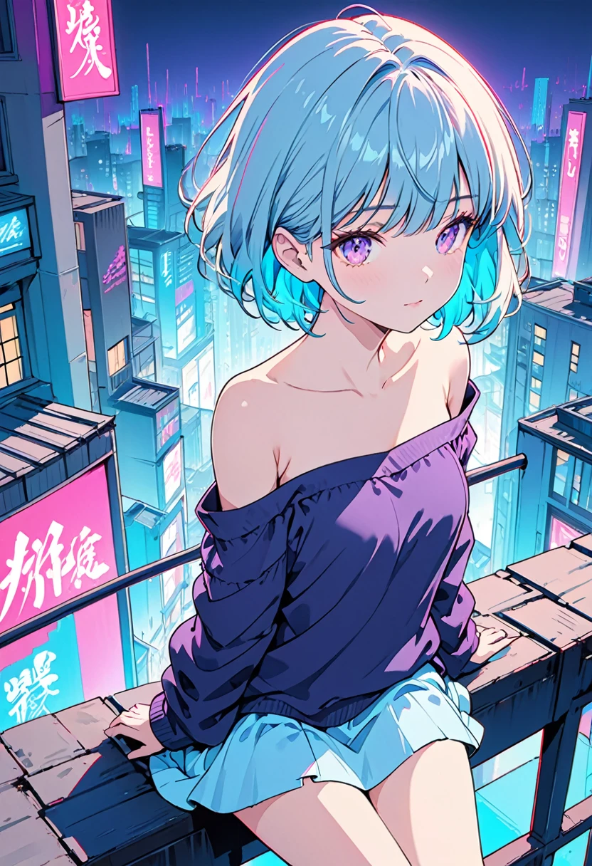 masterpiece,Highest quality,1 Synthwave style girl,Blue outline,Neon lit street,Blue fluorescent paint,alone,From above,Cowboy Shot,Sitting on the roof of a building,Highly detailed CG,Flat Color,Limited edition palette,No Line Art,silhouette,Partially colored,Alternative color,Dynamic Angle,Blue long top champagne,Deep purple shadow,Synthwave,chromatic aberration,(alone focus),Perfect Shadow,Wearing an off-the-shoulder hoodie,Delicate face,Bare shoulders,Beautiful and delicate eyes,Short Bob Hair,Light blue hair,,Delicate background,Blue Neon Light,