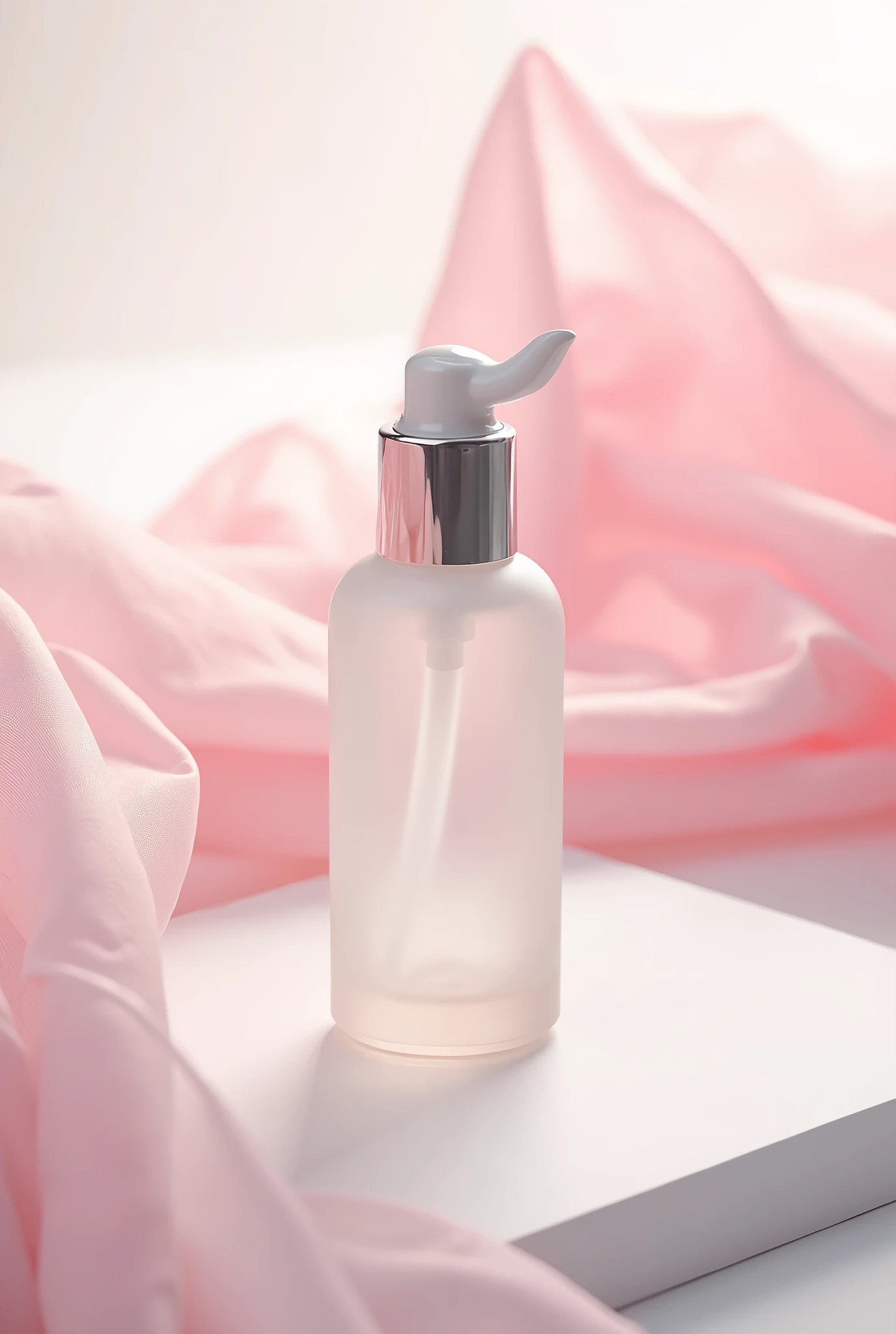 In this bottom view shot , the whitening essence bottle sits on a gleaming white surface , surrounded by wisps of pink chiffon . The bottle is slender and sophisticated , with a clear glass body and a gleaming silver cap . The chiffon adds a delicate , feminine touch to the image , while the clean lines and minimalist styling emphasize the elegance of the product . Shot by Ellen von Unwerth , using a Sony Alpha a7R IV and a Sony FE 50mm f /1.8 lens iw 2 --s 50