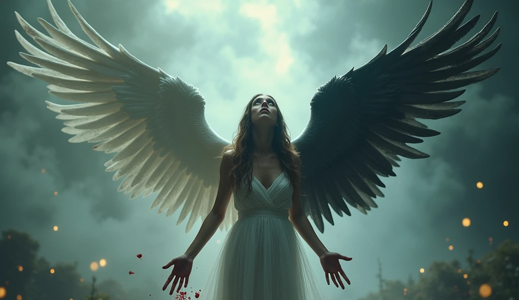 A woman struggling with blood on her hands and a wings that have a color of black in the left and white in the right. She was shock of what happened that she needs to hide
Make it a book cover and more majestic not realistic picture